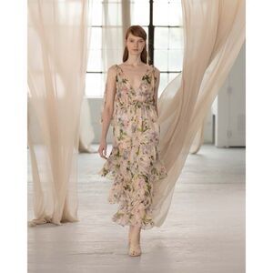 Christy Lynn Silk Floral Tiered Maxi Dress Size Small Sleeveless Ruffle Hem